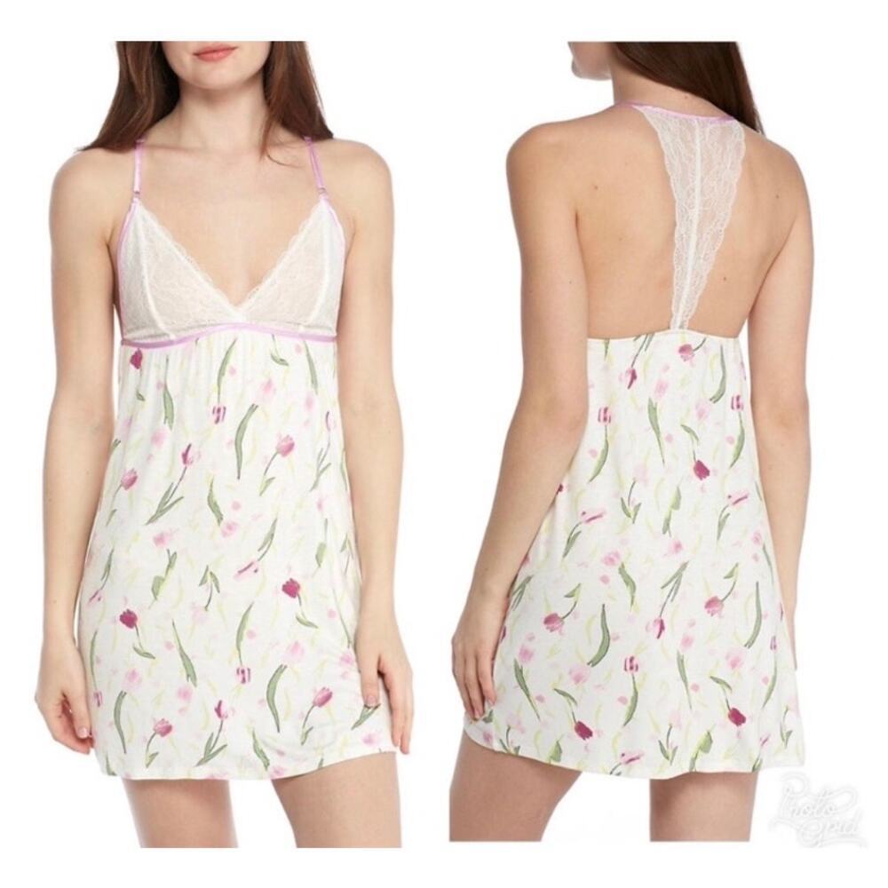 Jessica Simpson Sz L Sexy Chemise Slip & Robe Set Floral Tulip Print Lace Trim